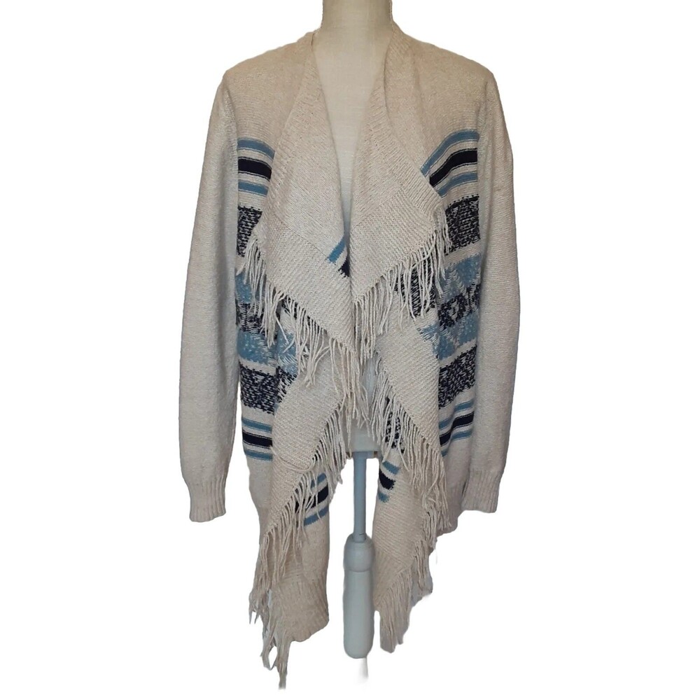Women's Aztec Design Open Long Sleeve Cardigan w/Waterfall and Fringe Size Large